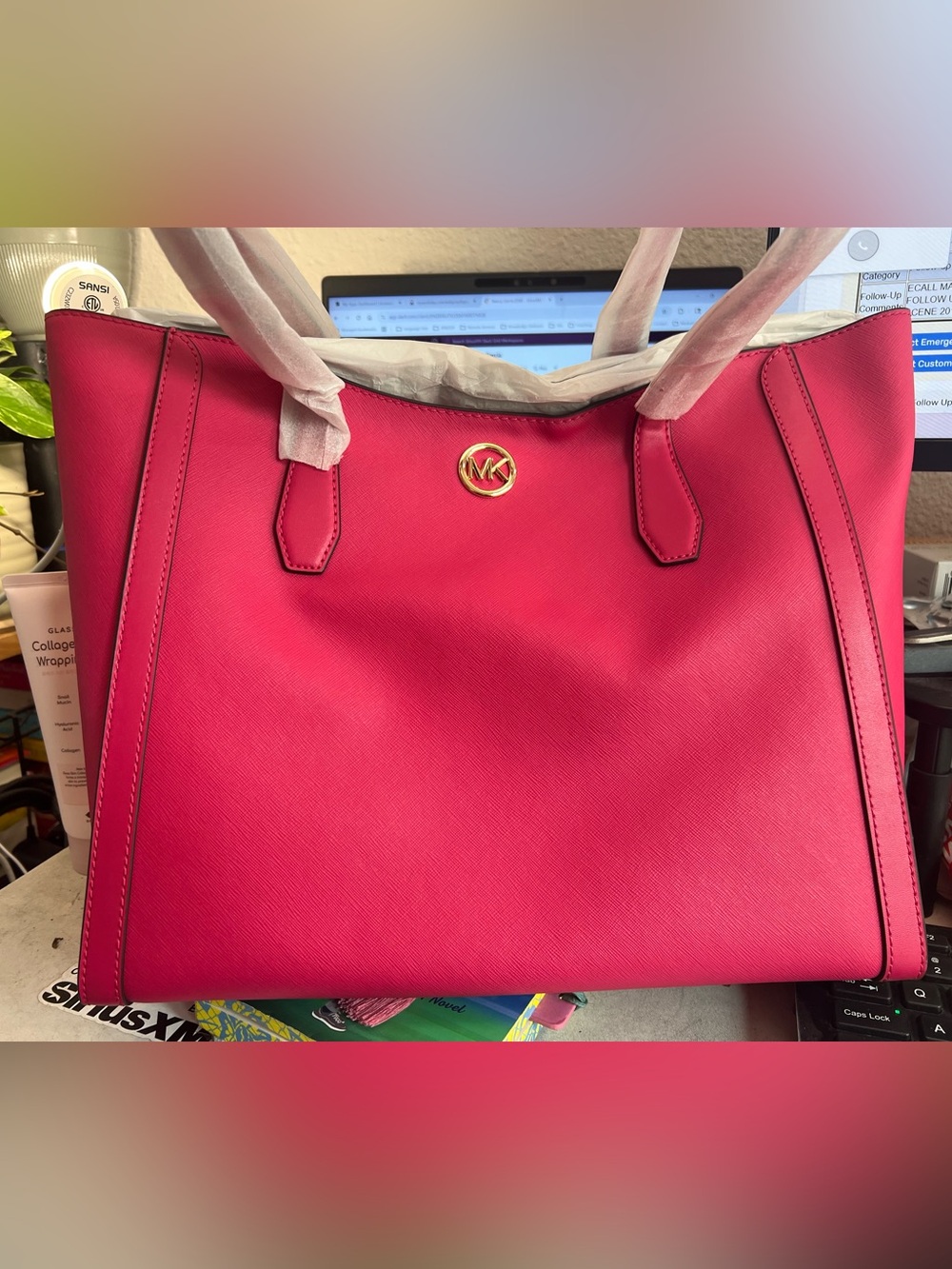 Michael Kors Hot Pink Saffiano Leather Tote with Gold MK Logo